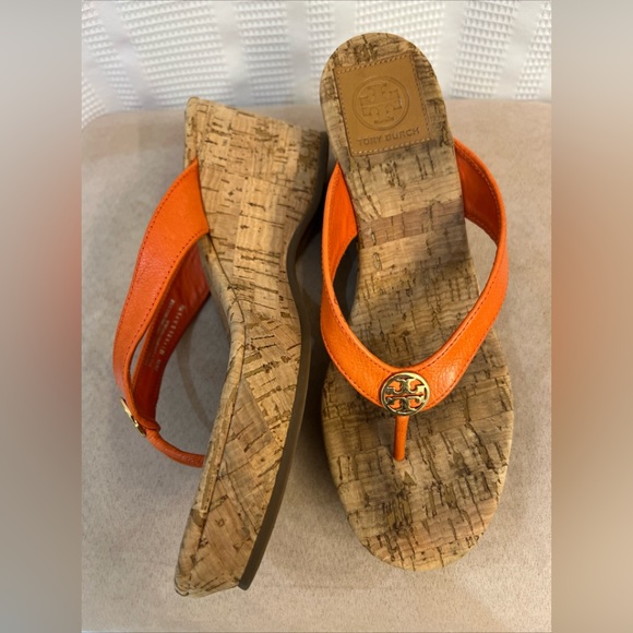 Tory Burch orange leather cork wedge sandals from size 7 great - Picture 1 of 8
